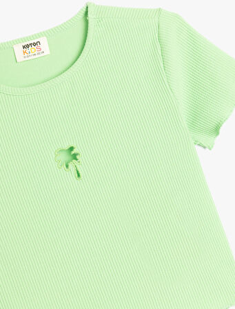 Palmiye Desenli Pencere Detaylı Kısa Kollu Bisiklet Yaka Tişört