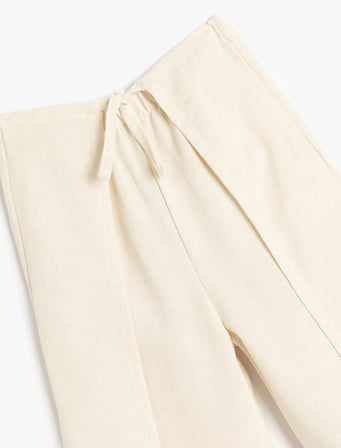 Beli Bağcıklı Viskon ve Keten Karışımlı Bol Paça Pantolon
