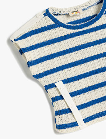 Ajurlu Kolsuz Çizgili Bluz Bisiklet Yaka 