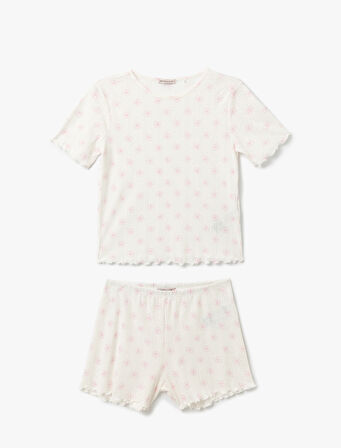 Çiçek Desenli Pamuklu Kısa Kollu Bisiklet Yaka Şortlu Pijama Takımı
