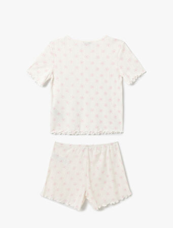 Çiçek Desenli Pamuklu Kısa Kollu Bisiklet Yaka Şortlu Pijama Takımı