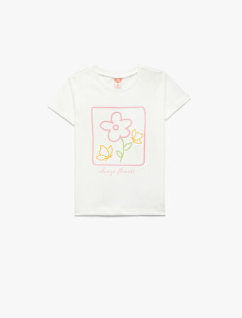 Çiçek Baskılı Kısa Kollu Bisiklet Yaka Pamuklu Tişört