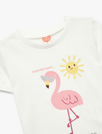 Kısa Kollu Bisiklet Yaka Pamuklu Flamingo Baskılı Tişört