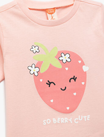 Pamuklu Kısa Kollu Skinny Fit Bisiklet Yaka Çilek Baskılı Tişört