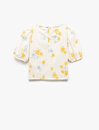 Çiçekli Bluz Asimetrik Kesim Balon Kollu Yuvarlak Yaka