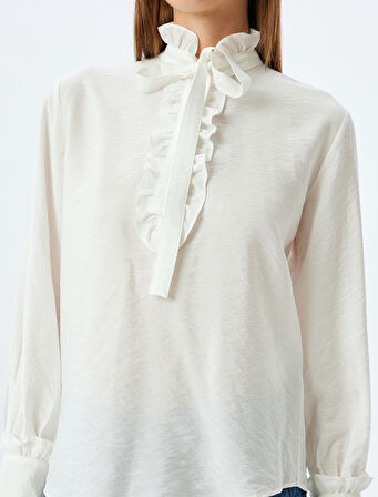 Koton X Zeynep Bastık - Fırfırlı Fiyonk Detaylı Dik Yaka Gömlek Viskon Kumaş