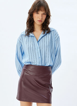 Koton Slim Fit Gömlek Yaka Mavi Kadın Gömlek 5WAK60084PW6S5