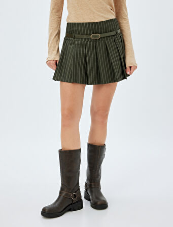 Düşük Bel Kemerli Mini Pileli Etek