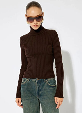 Koton Balıkçı Yaka Slim Fit Kahve Kazak Kadın 5WAK90512HT