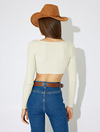Koton X Zeynep Bastık - Crop Triko Kazak Önden Çapraz Bağcık Detaylı Uzun Kollu U Yaka
