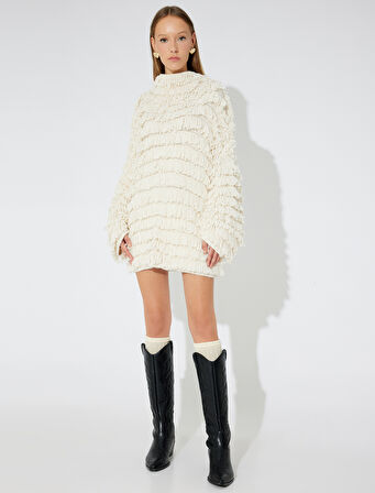 Koton X Zeynep Bastık - Püsküllü Triko Elbise Oversize Uzun Kollu Hafif Dik Yaka