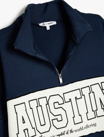 Yarım Fermuarlı Slogan Baskılı Oversize Şardonlu Sweatshirt