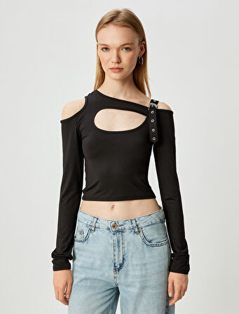 Uzun Kollu Tişört Crop Pencere Detaylı Kemerli