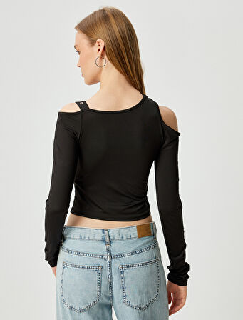 Uzun Kollu Tişört Crop Pencere Detaylı Kemerli