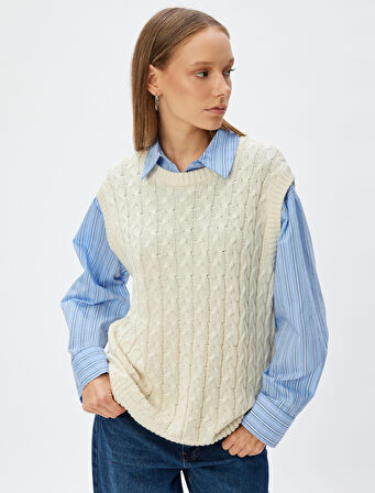 Oversize Süveter Saç Örgü Dokulu Bisiklet Yaka Kolsuz