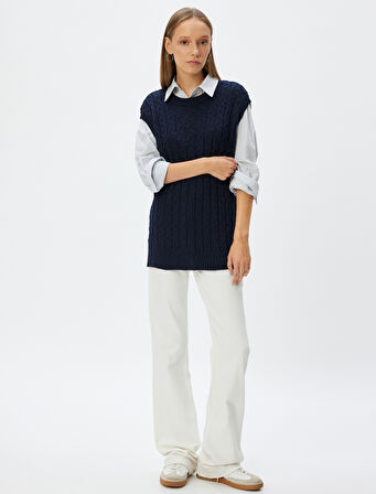 Oversize Süveter Saç Örgü Dokulu Bisiklet Yaka Kolsuz