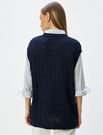 Oversize Süveter Saç Örgü Dokulu Bisiklet Yaka Kolsuz