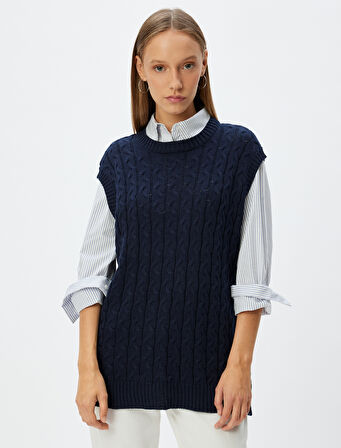 Oversize Süveter Saç Örgü Dokulu Bisiklet Yaka Kolsuz