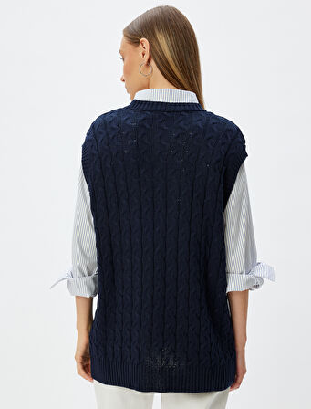 Oversize Süveter Saç Örgü Dokulu Bisiklet Yaka Kolsuz