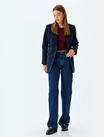 Yüksek Bel Kot Pantolon Uzun Düz Paça Düğmeli Cepli - Long Straight Fit Jean