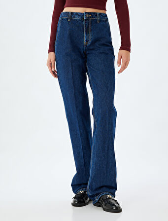 Yüksek Bel Kot Pantolon Uzun Düz Paça Düğmeli Cepli - Long Straight Fit Jean