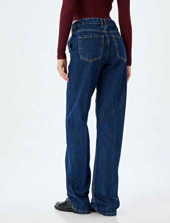 Yüksek Bel Kot Pantolon Uzun Düz Paça Düğmeli Cepli - Long Straight Fit Jean
