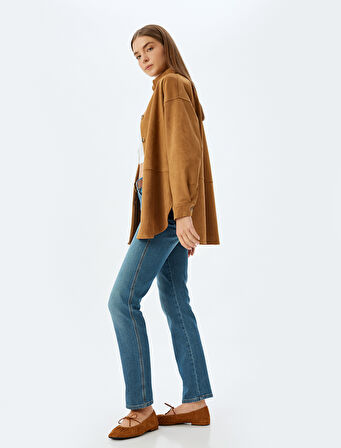 Düz Paça Kot Pantolon Normal Bel Dar Kesim Düğmeli Cepli - Slim Straight Fit Jean