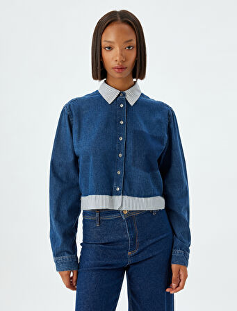 Kot Gömlek Crop Uzun Kollu Klasik Yaka Cep Detaylı Düğmeli