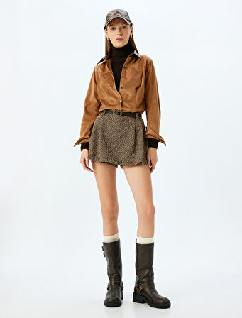 Suni Deri Yaka Fitilli Kadife Çıtçıt Düğmeli Gömlek