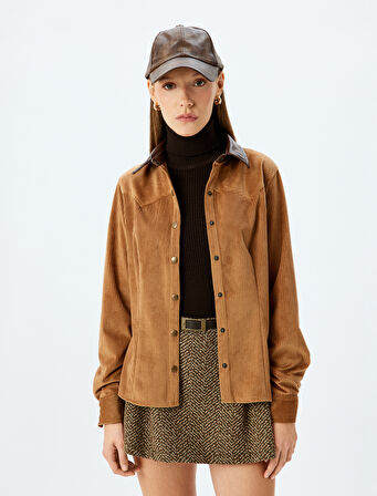 Suni Deri Yaka Fitilli Kadife Çıtçıt Düğmeli Gömlek