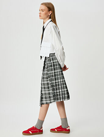 Pileli Etek Ekoseli Midi Boy Kemer Detaylı