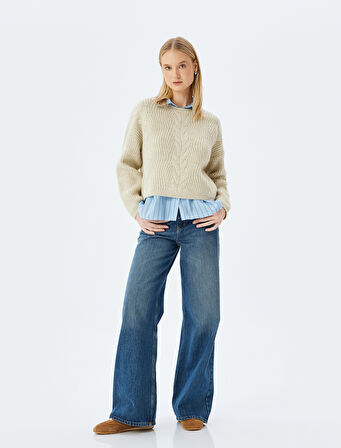 Bisiklet Yaka Saç Örgü Dokulu Rahat Kalıp Triko Kazak