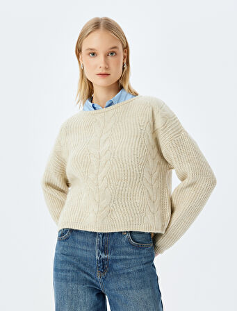 Bisiklet Yaka Saç Örgü Dokulu Rahat Kalıp Triko Kazak