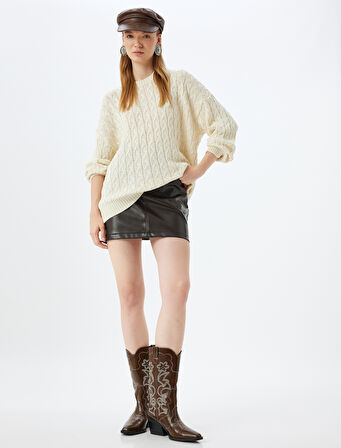 Oversize Kazak Bisiklet Yaka Triko Saç Örgü Dokulu