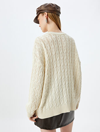 Oversize Kazak Bisiklet Yaka Triko Saç Örgü Dokulu