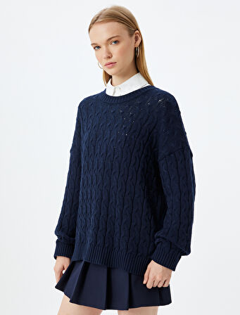 Oversize Kazak Bisiklet Yaka Triko Saç Örgü Dokulu