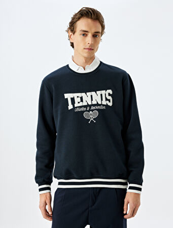 Bisiklet Yaka Şardonlu Pamuk Karışımlı Slogan İşlemeli Sweatshirt