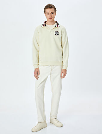 Baskılı Pamuk Karışımlı Yaka Detaylı Şardonlu Yarım Fermuarlı Sweatshirt