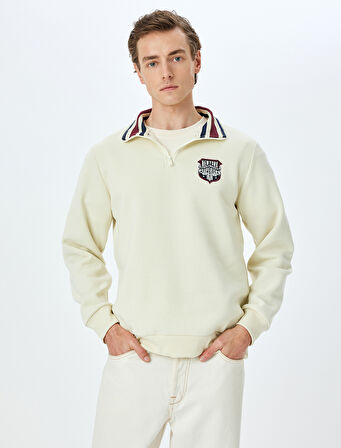 Baskılı Pamuk Karışımlı Yaka Detaylı Şardonlu Yarım Fermuarlı Sweatshirt