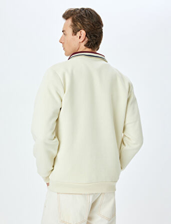 Baskılı Pamuk Karışımlı Yaka Detaylı Şardonlu Yarım Fermuarlı Sweatshirt