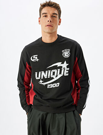 Kolej Baskılı Sweatshirt Bisiklet Yaka Pamuk Karışımlı