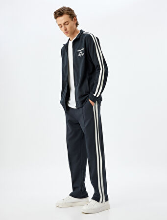 Dik Yaka Kolej İşlemeli Biyeli Cep Detaylı Pamuklu Fermuarlı Hırka