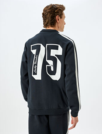 Dik Yaka Kolej İşlemeli Biyeli Cep Detaylı Pamuklu Fermuarlı Hırka