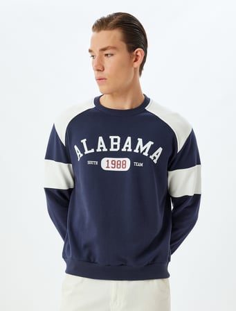 Kolej Baskılı Sweatshirt Bisiklet Yaka Renk Bloklu Pamuklu