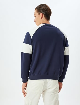 Kolej Baskılı Sweatshirt Bisiklet Yaka Renk Bloklu Pamuklu