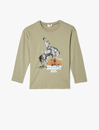 Oversize Tişört Kovboy Baskılı Uzun Kollu Bisiklet Yaka Pamuklu