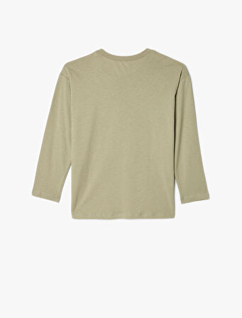 Oversize Tişört Kovboy Baskılı Uzun Kollu Bisiklet Yaka Pamuklu