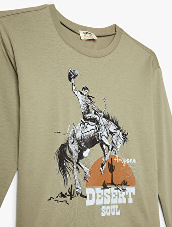 Oversize Tişört Kovboy Baskılı Uzun Kollu Bisiklet Yaka Pamuklu