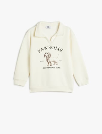 Polo Yaka Sweatshirt Köpek Baskılı Uzun Kollu Şardonlu