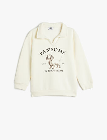 Polo Yaka Sweatshirt Köpek Baskılı Uzun Kollu Şardonlu